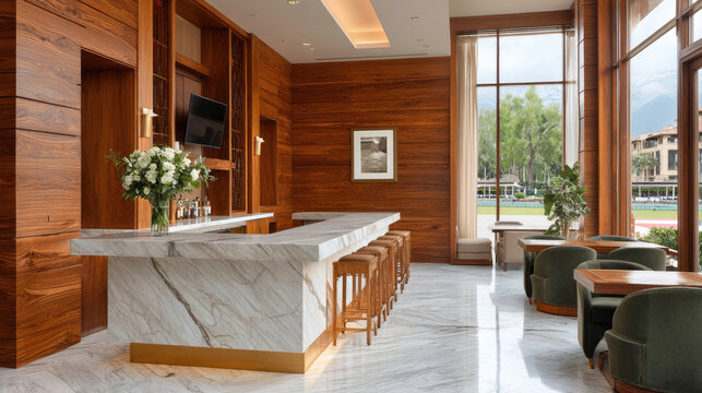 Marble bar counter wooden wall large window green chair luxury restaurant elegant natural light floral arrangement