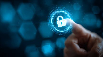 Finger touching glowing padlock symbol on digital interface image