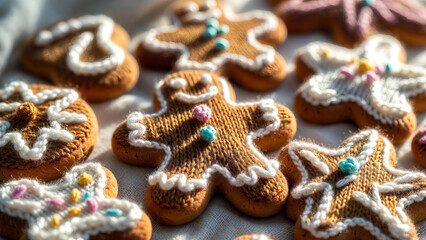 A close-up of festive gingerbread cookies decorated with knitted-texture icing and soft yarn details, arranged in warm sunlight. Cozy handmade Christmas treats with a wool-like surface, creating a cha