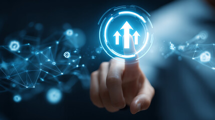 Finger touching glowing upward arrows symbol on digital interface image