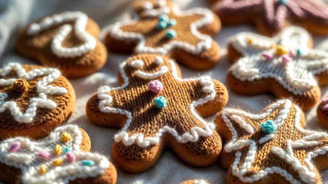 A close-up of festive gingerbread cookies decorated with knitted-texture icing and soft yarn details, arranged in warm sunlight. Cozy handmade Christmas treats with a wool-like surface, creating a cha