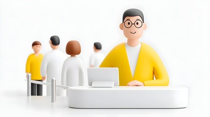 Stylized 3D illust n of a friendly customer service representative assisting people in a modern minimalist queue line at a service desk with a computer