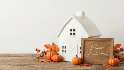 Happy Thanksgiving farmhouse decor with white house, pumpkins, and autumn leaves on wood background
