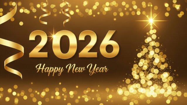 Golden 2026 happy new year celebration with sparkling christmas tree and confetti festive holiday background