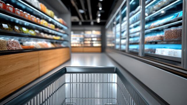 Shopping cart in modern grocery store aisle, bright lighting, fresh food, refrigerated section, clean and organized, inviting atmosphere