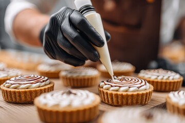 Professional confectioner making sweets. Baker preparing cream cakes. Pastry cook. Pastry chef decorates small tartlets, with piping bag, close-up hands. Local business. Freelance. Dessert workshop