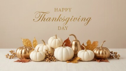 Elegant Happy Thanksgiving Day text banner with white and gold pumpkins and autumn decor background