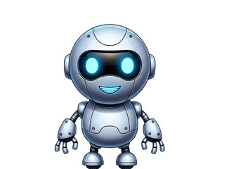 Cute friendly metallic robot character with glowing blue eyes isolated on white background.