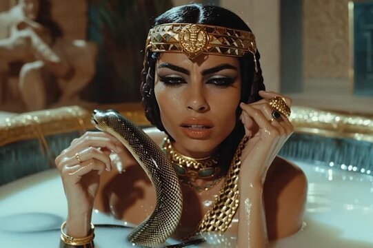 The legendary and beautiful Egyptian queen Cleopatra is pictured taking a relaxing bath in a tub filled with milk while tending to her pet snake.