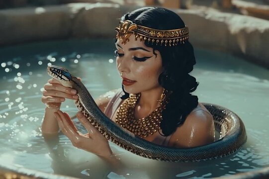 The Egyptian queen Cleopatra bathes with her snake in a tub carved into the rock.