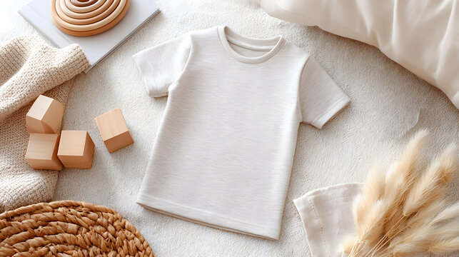 A minimalist flat lay featuring a soft beige baby t shirt alongside natural wooden blocks a cute bunny teether and a cozy knitted blanket set against a neutral textured background