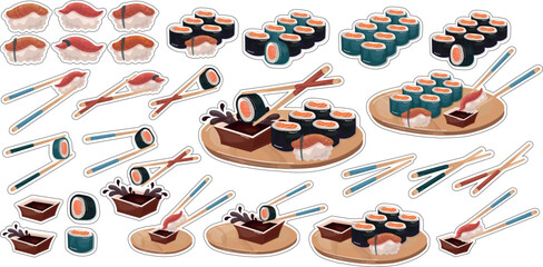 sushi set rice salmon sticker printable with soy sauce counturing print 