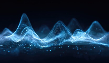 Abstract depiction of data visualization, waves of light and particles, in blue hues