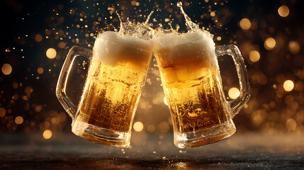 Frothy beer mugs clinking with celebratory splash toasting celebration
