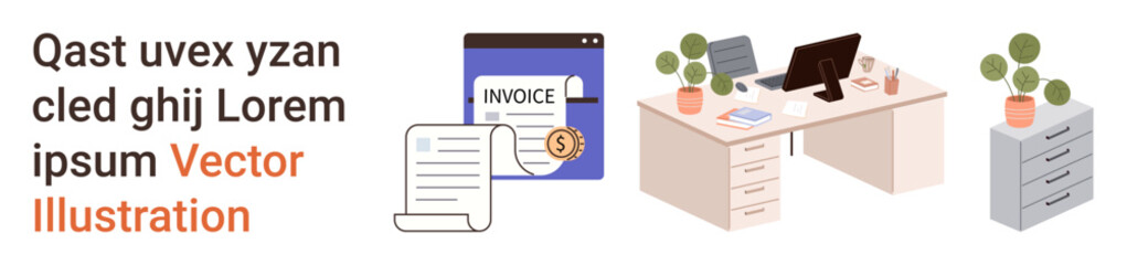 Office environment, financial management, invoicing, productivity, workspace decor, administration. Desktop setup with papers and plants. Office environment and financial management concept