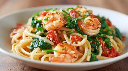 A close up view of a delicious pasta with perfectly cooked shrimp vibrant cherry tomatoes and healthy spinach seasoned with herbs and presented in a rustic bowl on a wooden surface