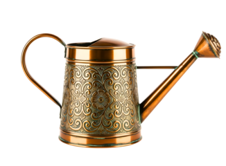 Ornamental vintage copper watering can with embossed floral pattern isolated on white background.