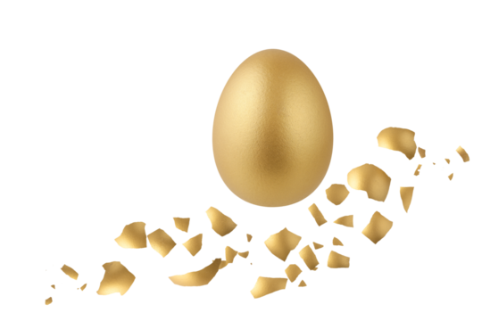 Painted in golden color natural easter chicken egg flying with shell pieces isolated on white background. Happy Easter spring decoration.