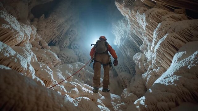 The camera moves forward, from below, following a speleologist who ventures into a cave to explore the wonders it holds.