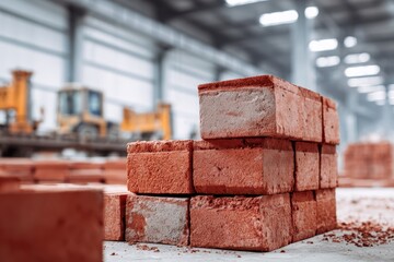 Modern brick production is automated and systematized. Brick manufacturing packaging process on conveyor belt. Automated robotic line for building material, ceramic factory plant. Stacked red bricks