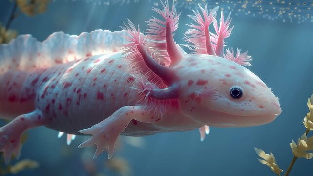 A beautiful and rare axolotl with new pink pigmentation rests peacefully in the crystal-clear water. Detailed close-up.