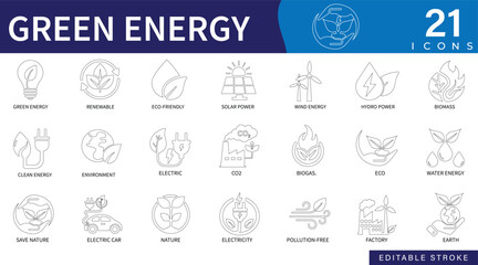 Fototapeta premium green energy icon set featuring renewable power, solar, panels, wind, power, climate change, turbines, eco, electricity, sustainability, recycling, and clean technology symbols.