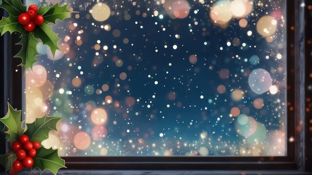 Festive Window Scene with Holly and Bokeh Lights.