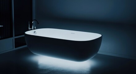 Modern, illuminated bathtub in a dark room