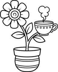 Flower and Coffee Cup Coloring Page - Cute Botanical Outline Vector for Kids Activity