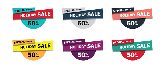 Special Offer tag badge set. 50% Sale tags set vector badges template. 50% Discount promotion. Special offer symbol. Holiday Sale offer price sign. Discount badge shape. Vector illustration.