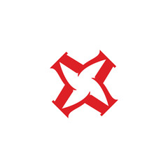 A stylized red 'X' mark with a dynamic, four-bladed white propeller or floral shape at its core, set against a clean white background. This abstract design conveys motion and modern aesthetics.
