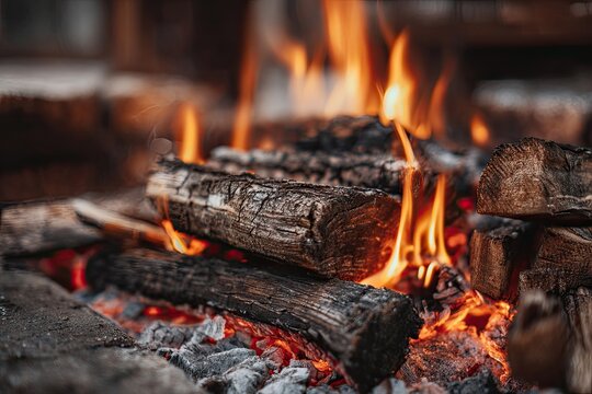 A close-up view of burning firewood, vibrant flames illuminating charcoal and logs
