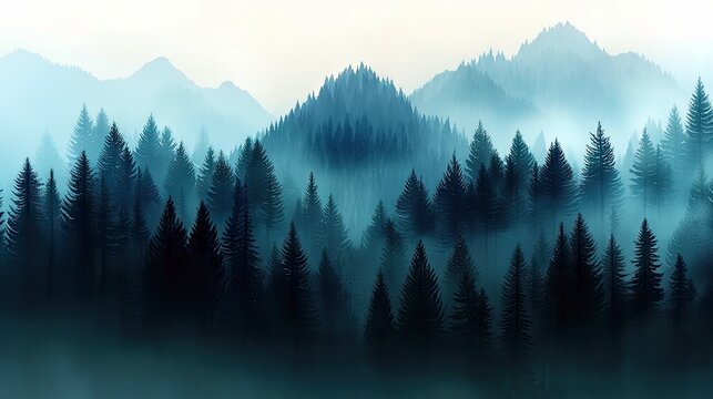 A scenic landscape featuring a forest of pine trees in the mountains, shrouded in a misty, foggy atmosphere, creating a serene and mysterious ambiance.