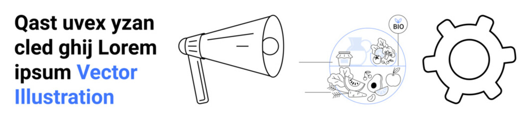 Digital marketing, online promotion, consumer engagement, data visualization, customization, and configuration. Megaphone, data elements and gear icon. Digital marketing and online promotion