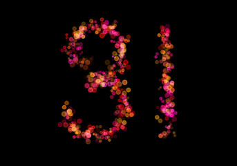 Number Thirty-one, 31 made with multicolored bokeh lights effect, Bokeh on black background, Digit, Blur, Glitter, Defocused, Seamless polka dot pattern, Illustration design