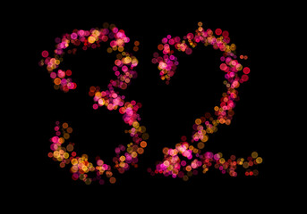 Number Thirty-two, 32 made with multicolored bokeh lights effect, Bokeh on black background, Digit, Blur, Glitter, Defocused, Seamless polka dot pattern, Illustration design