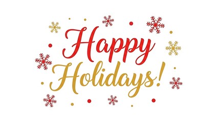 Red and gold happy holidays text with snowflakes and dots greeting card