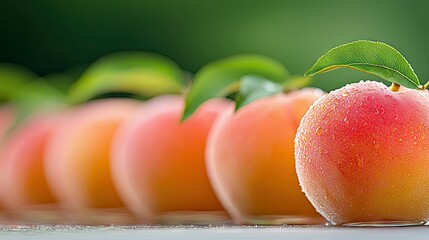 Close-up of a row of fresh peaches with water droplets, green leaves, and a blurred green background. The peaches are ripe and juicy.