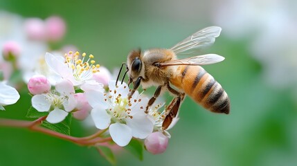Close up ro view of a honey bee on delicate white and pink blossoms illustrating the vital process of pollination in nature s ecosystem