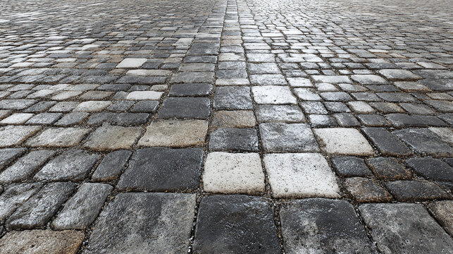 Close-up shot of an old cobblestone pavement texture in perspective view, grey colors