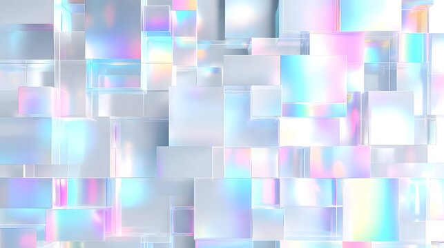 A composition of transparent glass cubes with intricate refractions creating a dreamy iridescent spectrum of pastel colors and shimmering light