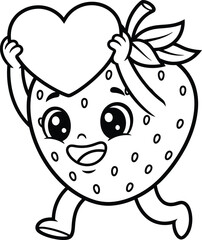 Cute Strawberry Character Running and Holding Heart - Outline Kids Coloring Page Vector