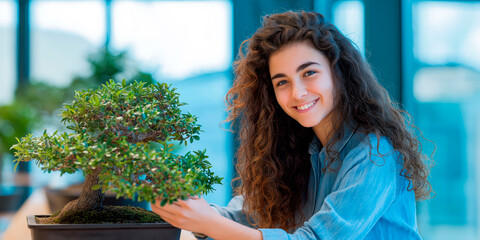 Smiling young woman caring for a bonsai tree indoors in a bright room with large windows