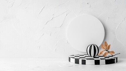 A minimalist composition featuring a checkered platform, a striped sphere, a circular backdrop, and a branch with leaves, all set against a textured white wall.