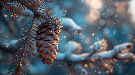 Minimal winter aesthetic with pine cone and snowflakes on a soft turquoise background for designs