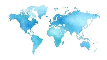Abstract watercolor painting of a global map showcasing continents and oceans with a soft textured blue wash ideal for travel or international themes