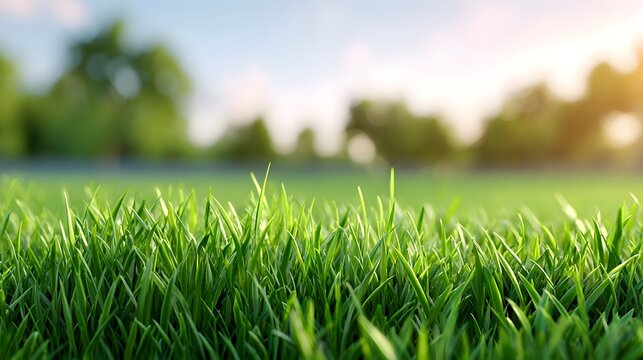 Expansive view of lush green grass blades in the foreground illuminated by the golden glow of the sun  The background features blurred trees and a clear bright sky evoking tranquility - Powered by Adobe