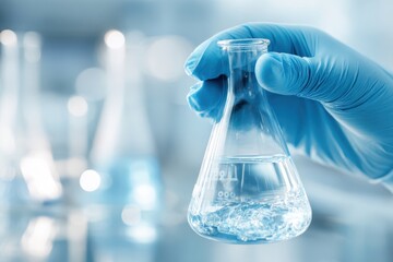Hands in blue gloves holding glass flask filled with viscous, teal colored liquid. Laboratory setting. Pure bright white background. Medical research equipment. Tube for taking samples. Close-up