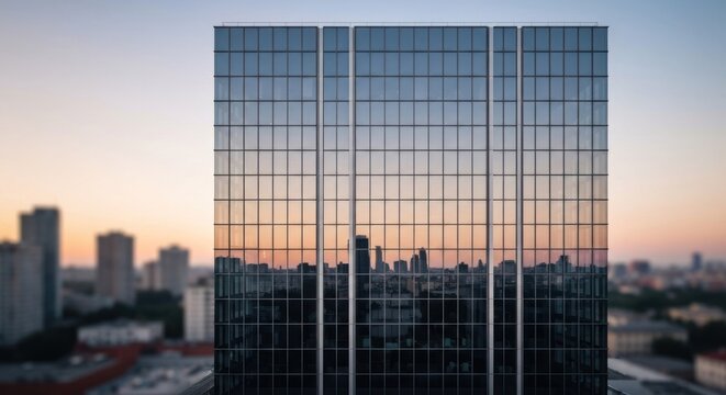 Modern skyscraper facade reflecting city skyline at sunset - Powered by Adobe