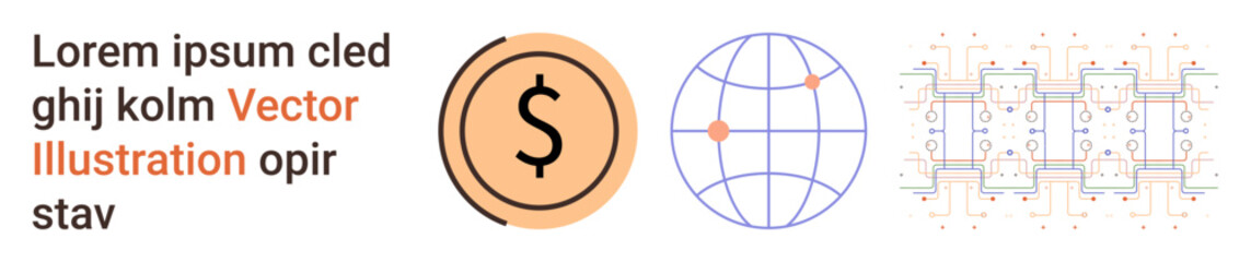 Financial technology, global economy, digital connectivity, innovation, tech industry, automation. Dollar symbol, globe with nodes and digital circuit board. Financial technology and global economy